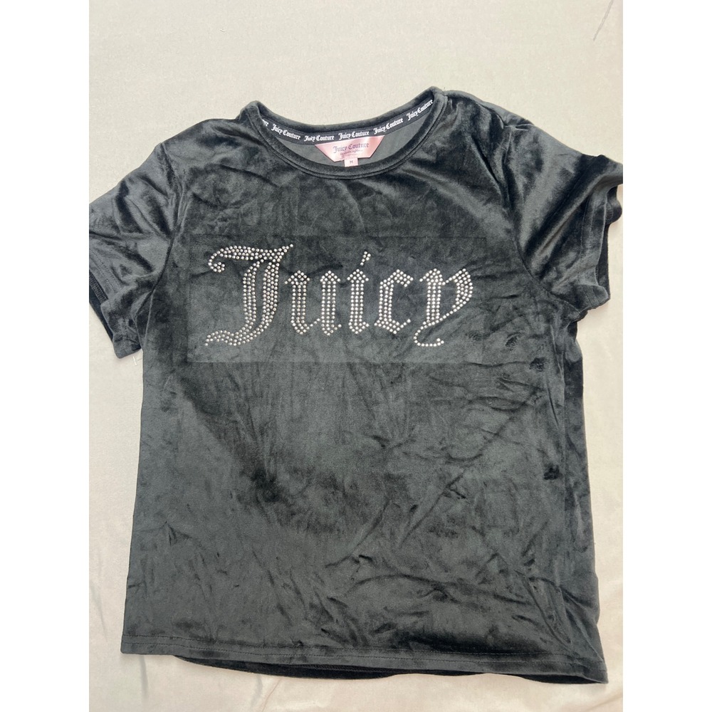 Juicy Couture Black Velour Rhinestone Logo Sleep Shirt Short Sleeve Top Medium